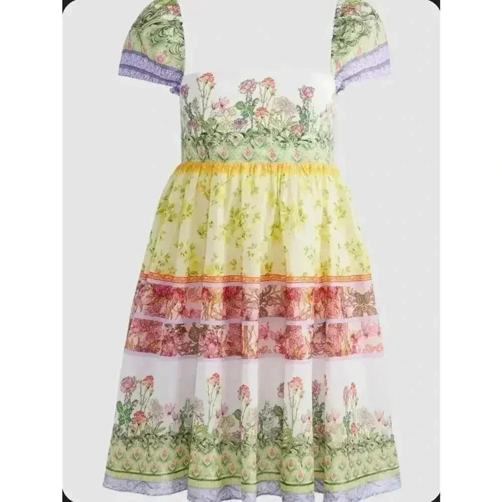Alice + Olivia Tamia Mixed Floral Cotton Babydoll Dress in Floral Fest Size 6